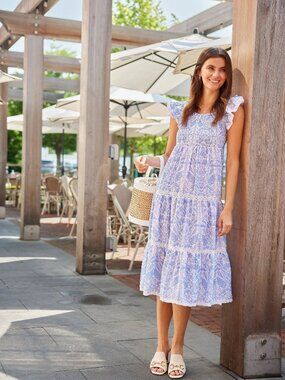 Hydrangea Tropical Block Print Flutter Strap Smocked Maxi Dress